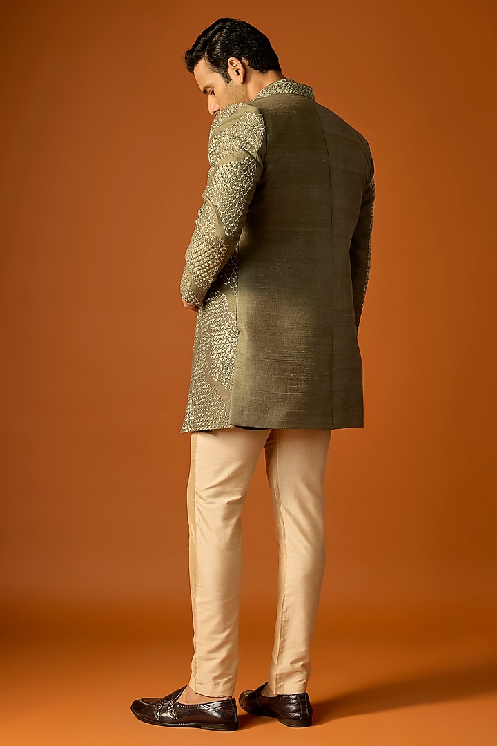 Olive Silk Embroidered Groom Indowestern Set by SAMMOHAN at Pernia's Pop Up Shop