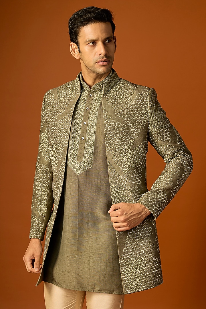 Olive Silk Embroidered Groom Indowestern Set by SAMMOHAN at Pernia's Pop Up Shop
