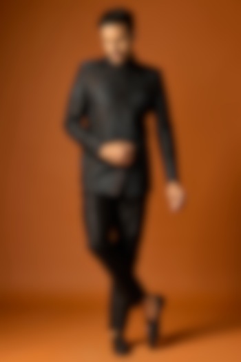 Black Silk Embroidered Groom Bandhgala Set by SAMMOHAN at Pernia's Pop Up Shop