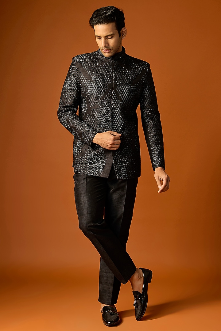 Black Silk Embroidered Groom Bandhgala Set by SAMMOHAN at Pernia's Pop Up Shop