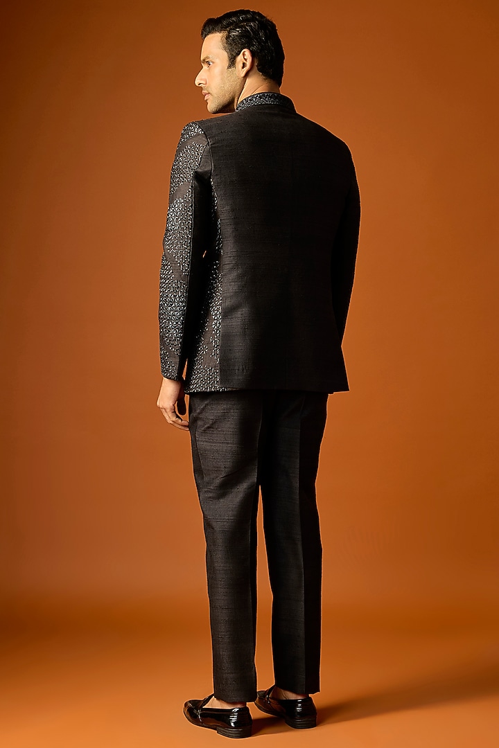 Black Silk Embroidered Groom Bandhgala Set by SAMMOHAN at Pernia's Pop Up Shop