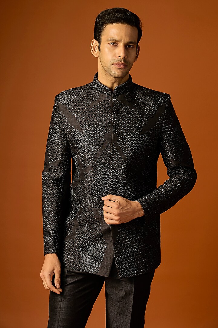 Black Silk Embroidered Groom Bandhgala Set by SAMMOHAN at Pernia's Pop Up Shop