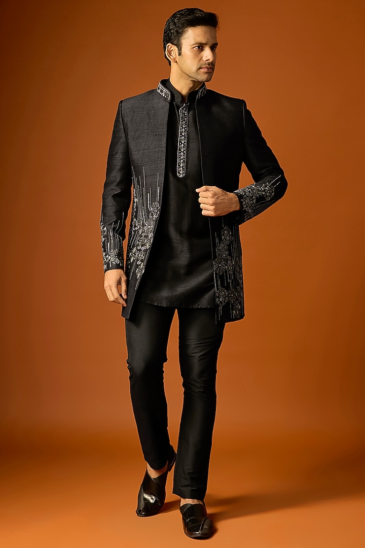Black Silk Embroidered Wedding Indowestern Set by SAMMOHAN at Pernia's Pop Up Shop