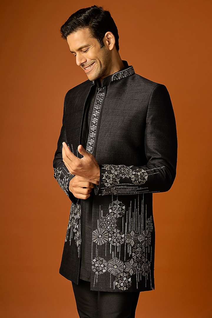 Black Silk Embroidered Wedding Indowestern Set by SAMMOHAN at Pernia's Pop Up Shop