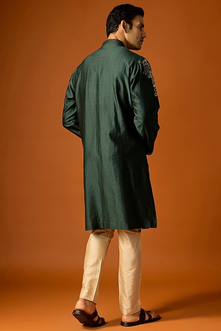 Green Silk Embroidered Kurta Set by SAMMOHAN at Pernia's Pop Up Shop