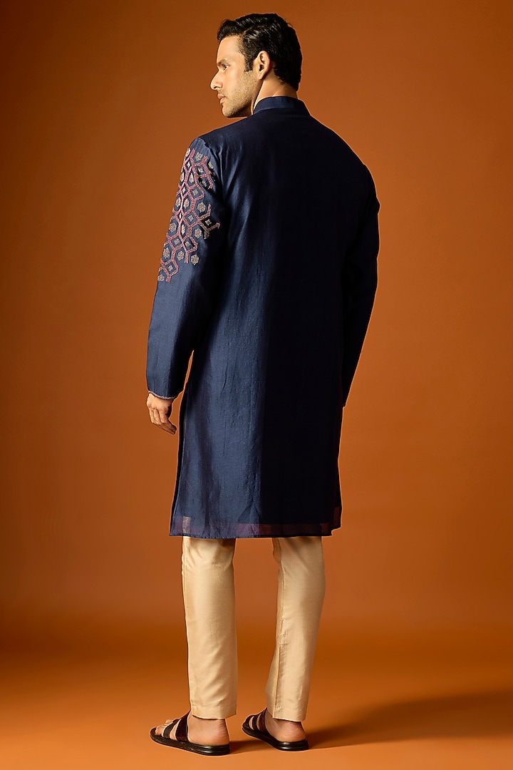 Navy Blue Silk Embroidered Kurta Set by SAMMOHAN at Pernia's Pop Up Shop
