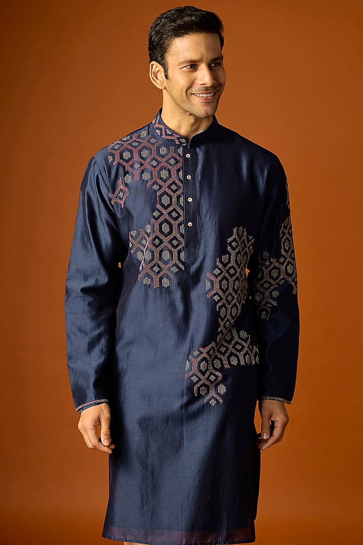 Navy Blue Silk Embroidered Kurta Set by SAMMOHAN at Pernia's Pop Up Shop