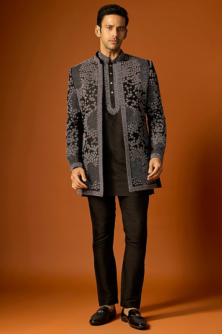 Black Silk Embroidered Groom Indowestern Set by SAMMOHAN at Pernia's Pop Up Shop