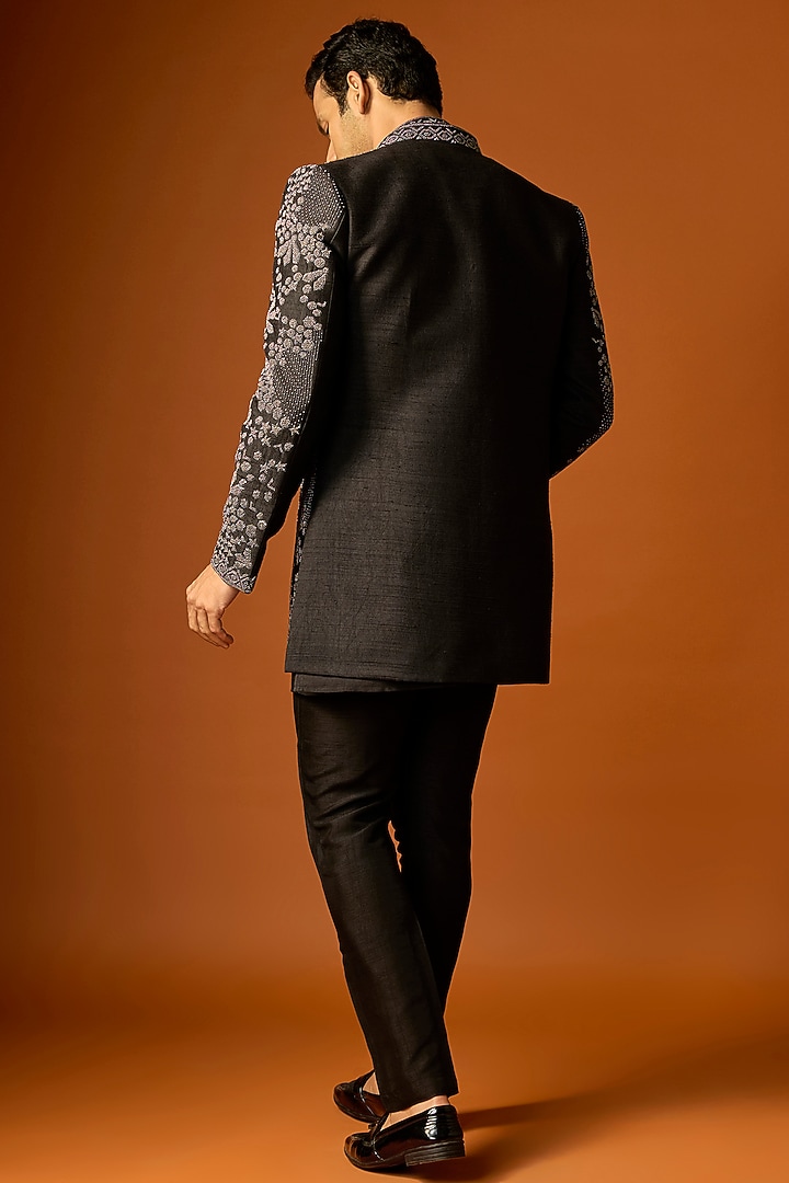 Black Silk Embroidered Groom Indowestern Set by SAMMOHAN at Pernia's Pop Up Shop