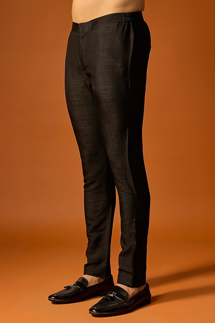 Black Silk Embroidered Groom Indowestern Set by SAMMOHAN at Pernia's Pop Up Shop