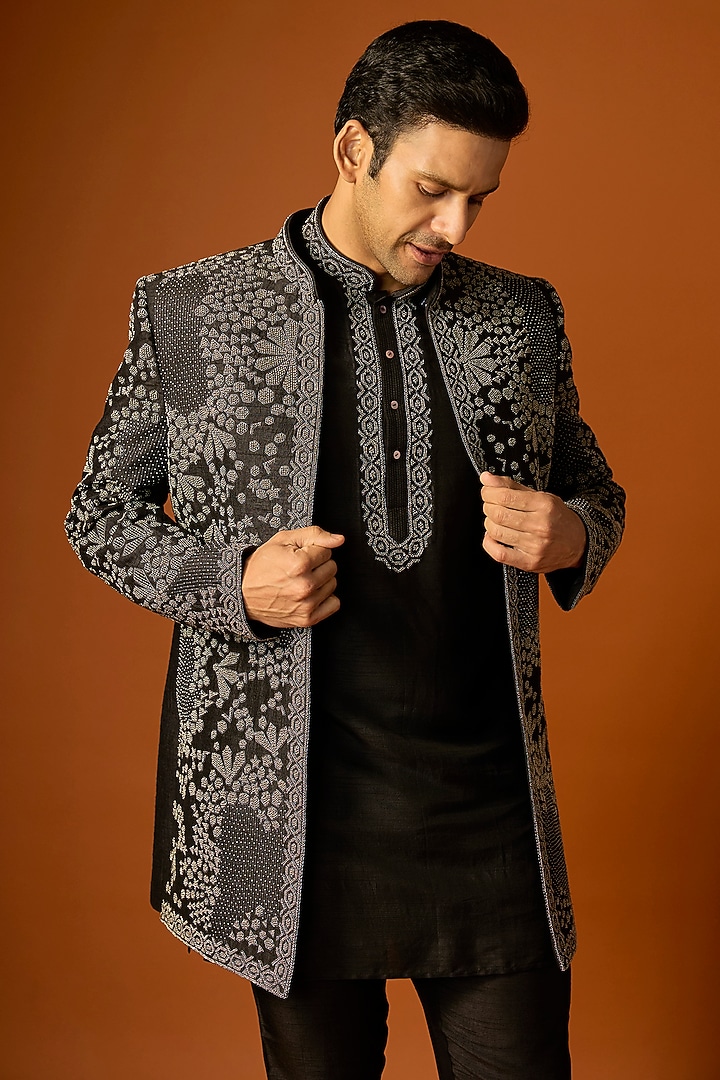 Black Silk Embroidered Groom Indowestern Set by SAMMOHAN at Pernia's Pop Up Shop