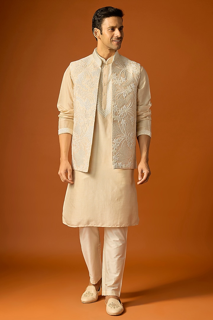 Off-White Silk Embroidered Nehru Jacket Set by SAMMOHAN at Pernia's Pop Up Shop