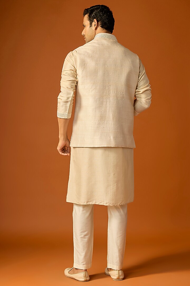 Off-White Silk Embroidered Nehru Jacket Set by SAMMOHAN at Pernia's Pop Up Shop
