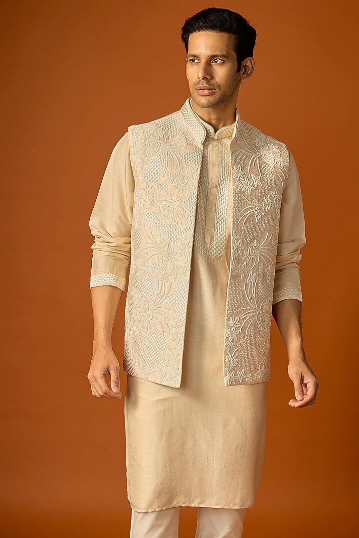 Off-White Silk Embroidered Nehru Jacket Set by SAMMOHAN at Pernia's Pop Up Shop