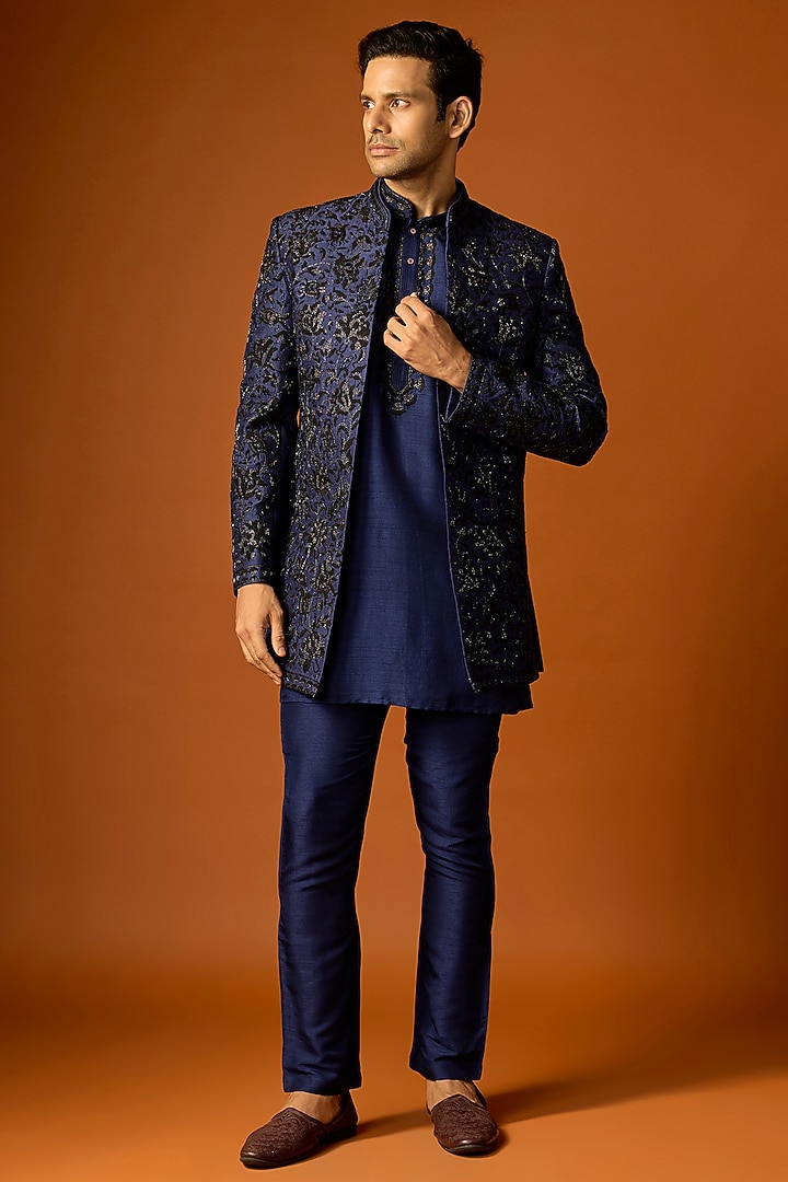 Navy Blue Silk Embroidered Groom Indowestern Set by SAMMOHAN at Pernia's Pop Up Shop