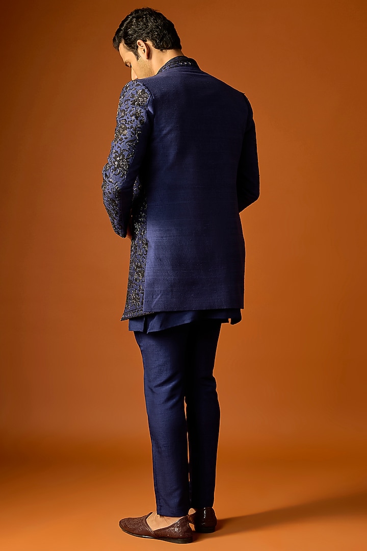 Navy Blue Silk Embroidered Groom Indowestern Set by SAMMOHAN at Pernia's Pop Up Shop