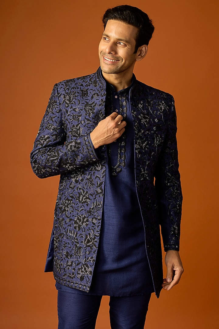 Navy Blue Silk Embroidered Groom Indowestern Set by SAMMOHAN at Pernia's Pop Up Shop