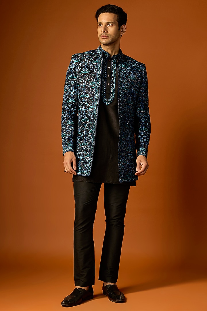 Black Silk Embroidered Groom Indowestern Set by SAMMOHAN at Pernia's Pop Up Shop