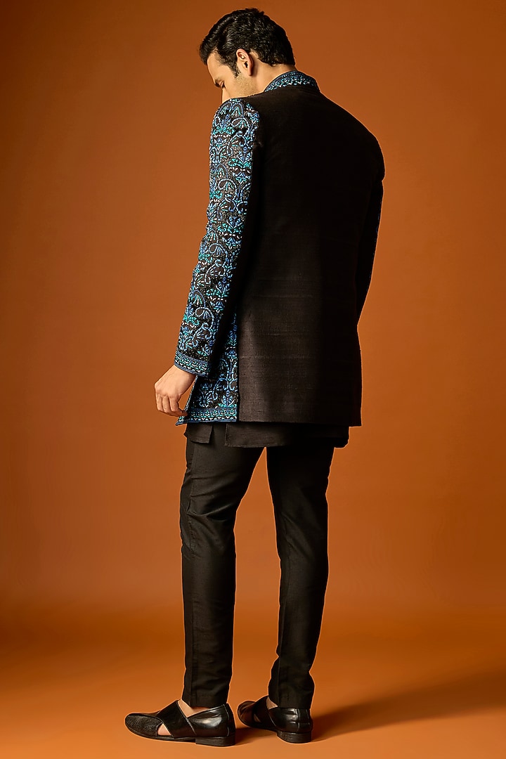 Black Silk Embroidered Groom Indowestern Set by SAMMOHAN at Pernia's Pop Up Shop