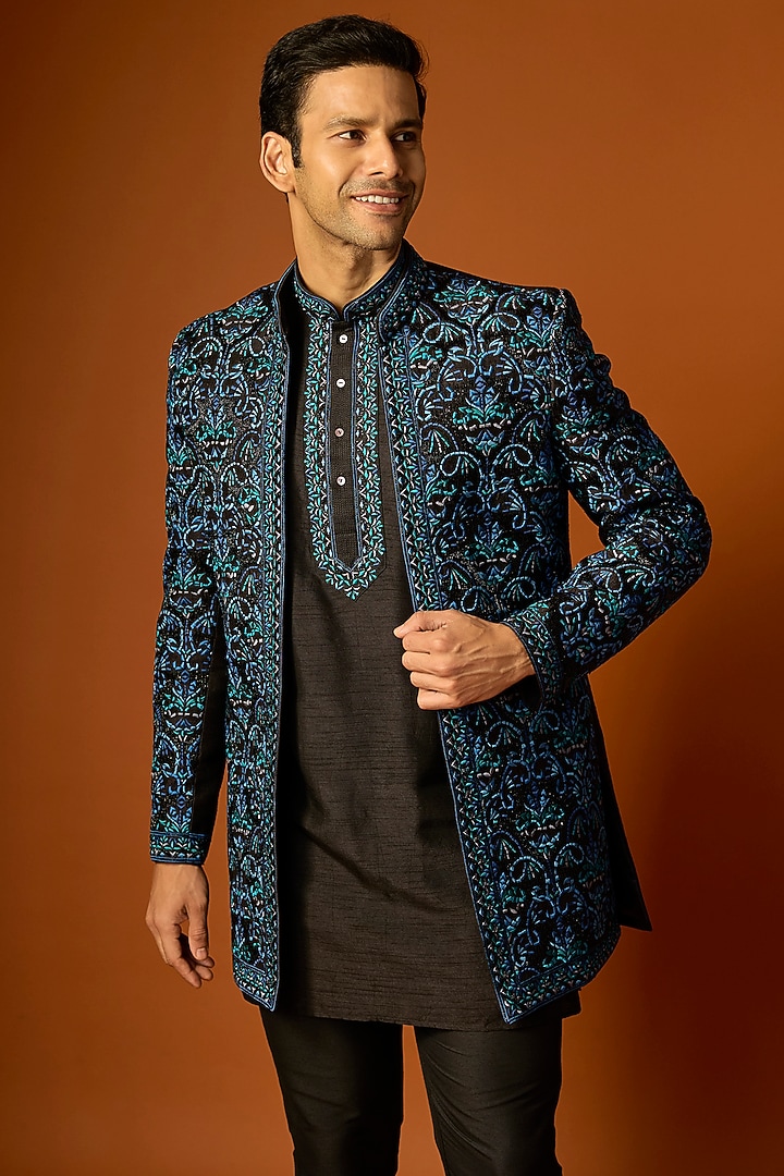 Black Silk Embroidered Groom Indowestern Set by SAMMOHAN at Pernia's Pop Up Shop