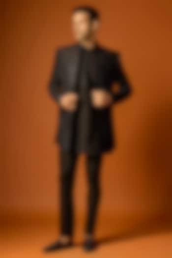 Black Silk Embroidered Wedding Indowestern Set by SAMMOHAN at Pernia's Pop Up Shop