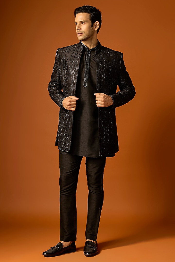 Black Silk Embroidered Wedding Indowestern Set by SAMMOHAN at Pernia's Pop Up Shop