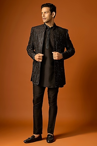 Black Silk Embroidered Indowestern Set by SAMMOHAN