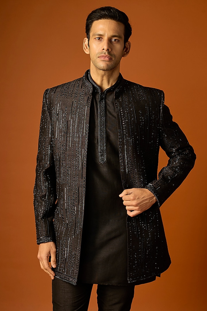 Black Silk Embroidered Wedding Indowestern Set by SAMMOHAN at Pernia's Pop Up Shop