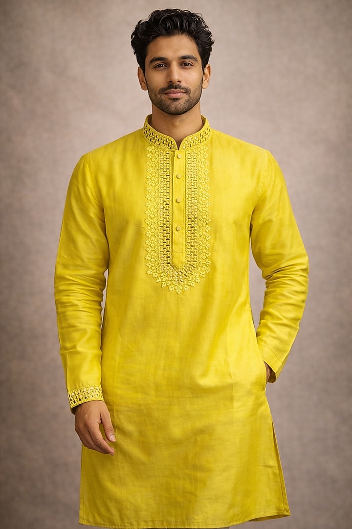 Yellow Chanderi Kurta by SAMMOHAN at Pernia's Pop Up Shop