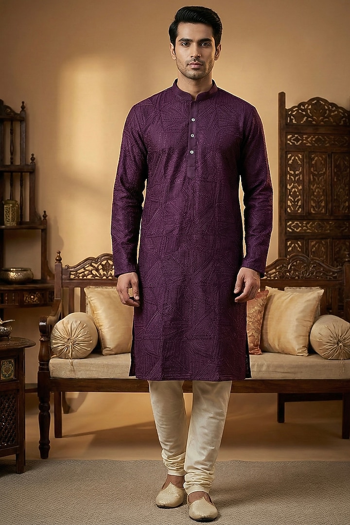 Wine Chanderi Kurta by SAMMOHAN at Pernia's Pop Up Shop