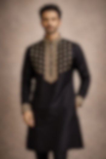 Black Silk Kurta by SAMMOHAN at Pernia's Pop Up Shop