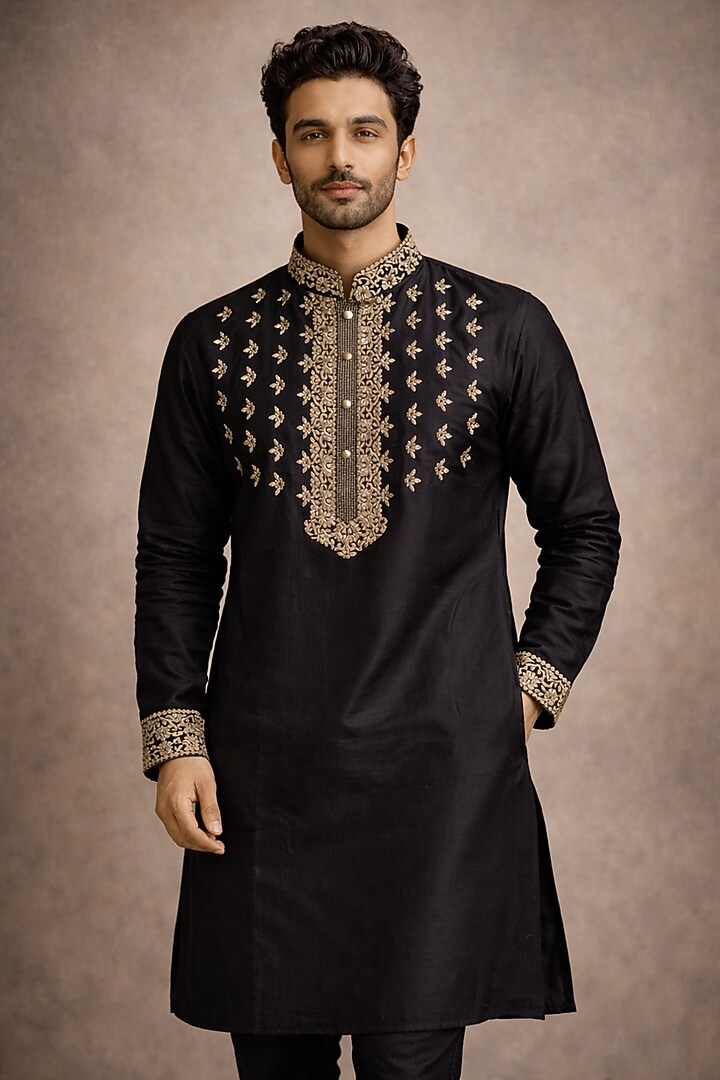 Black Silk Kurta by SAMMOHAN at Pernia's Pop Up Shop