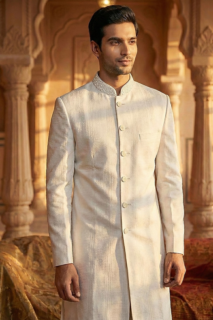 White Viscose Blend Wedding Sherwani by SAMMOHAN at Pernia's Pop Up Shop