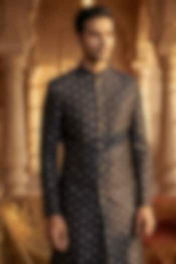 Black Viscose Blend Wedding Sherwani by SAMMOHAN at Pernia's Pop Up Shop