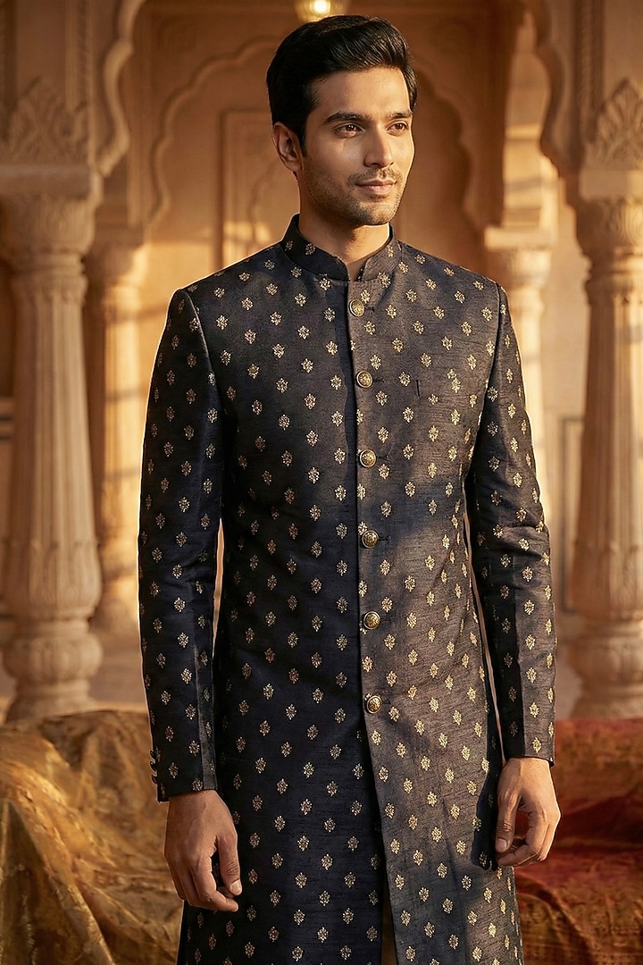 Black Viscose Blend Wedding Sherwani by SAMMOHAN at Pernia's Pop Up Shop