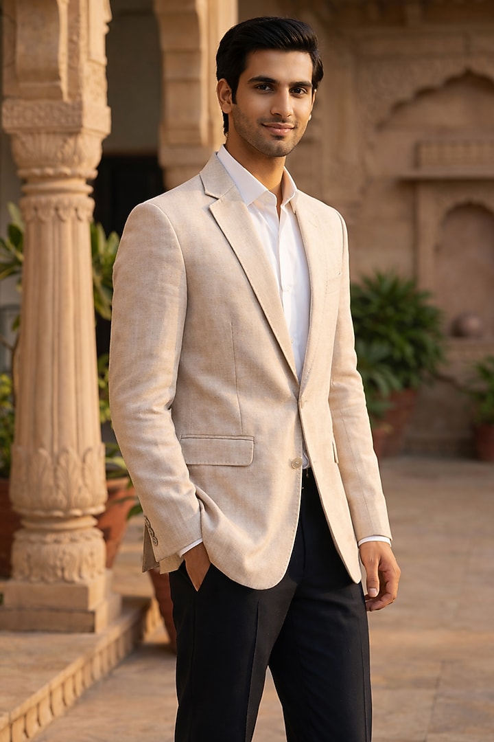 Off-White Flax Blend Blazer by SAMMOHAN at Pernia's Pop Up Shop