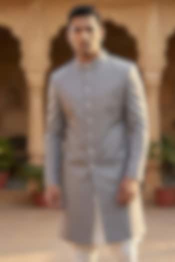 Grey Viscose Blend Wedding Sherwani by SAMMOHAN at Pernia's Pop Up Shop