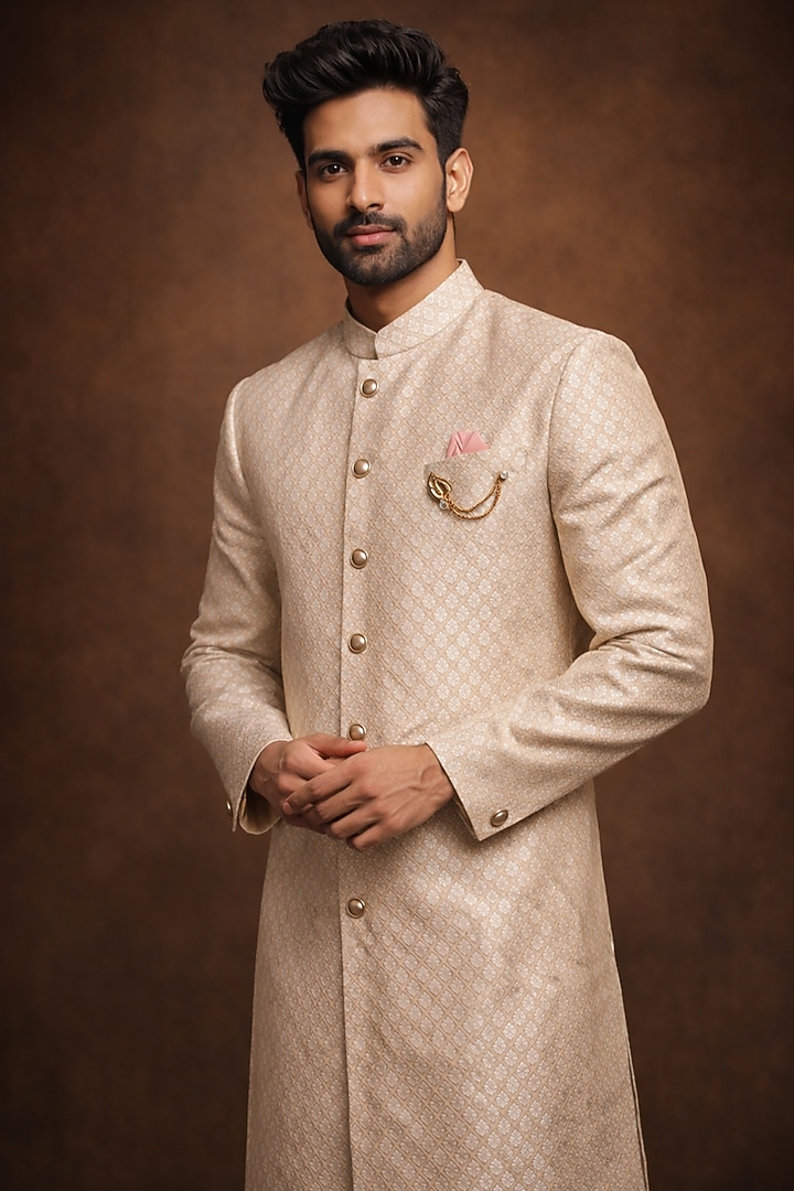 Beige Viscose Blend Sherwani by SAMMOHAN at Pernia's Pop Up Shop