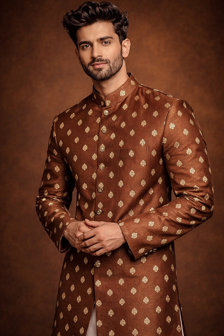 Camel Brown Viscose Blend Sherwani by SAMMOHAN at Pernia's Pop Up Shop