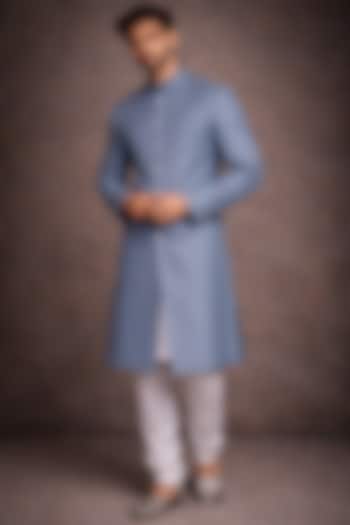 Grey Viscose Blend Wedding Sherwani by SAMMOHAN at Pernia's Pop Up Shop