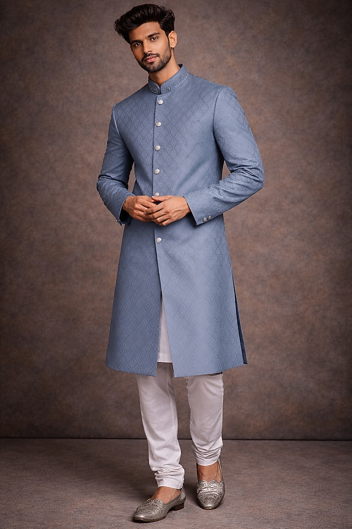 Grey Viscose Blend Wedding Sherwani by SAMMOHAN at Pernia's Pop Up Shop