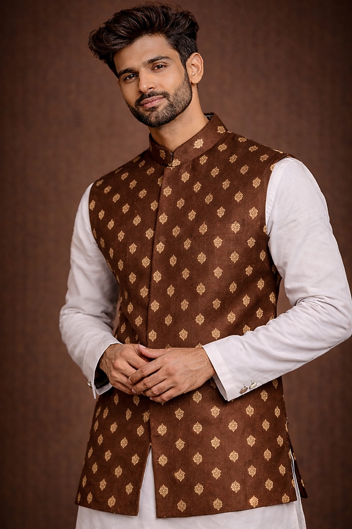 Camel Brown Viscose Blend Nehru Jacket by SAMMOHAN at Pernia's Pop Up Shop