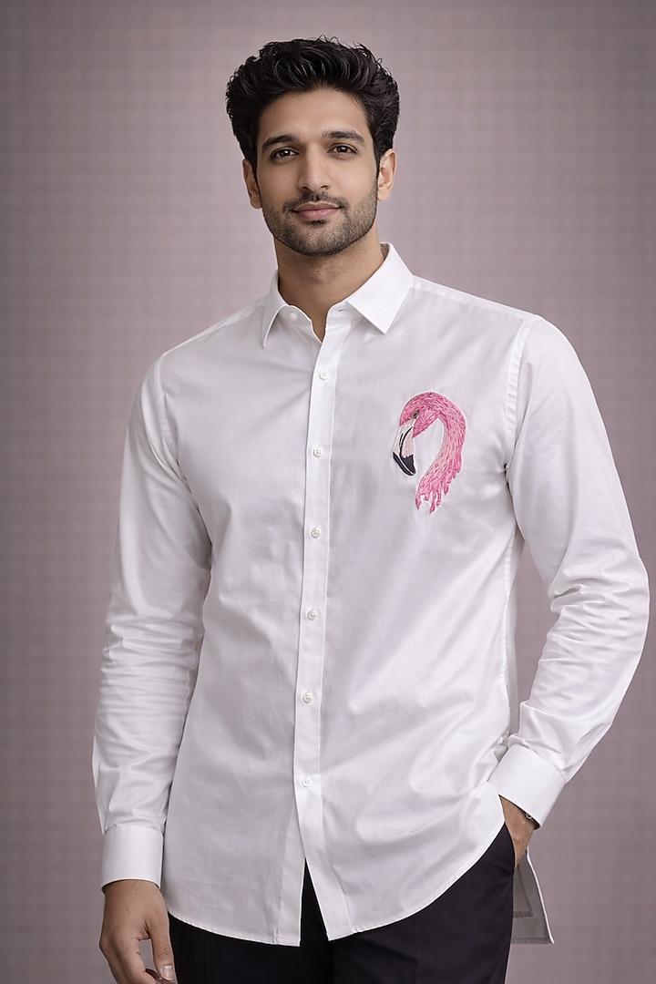 White Cotton Satin Lycra Party Wear Shirt by SAMMOHAN at Pernia's Pop Up Shop