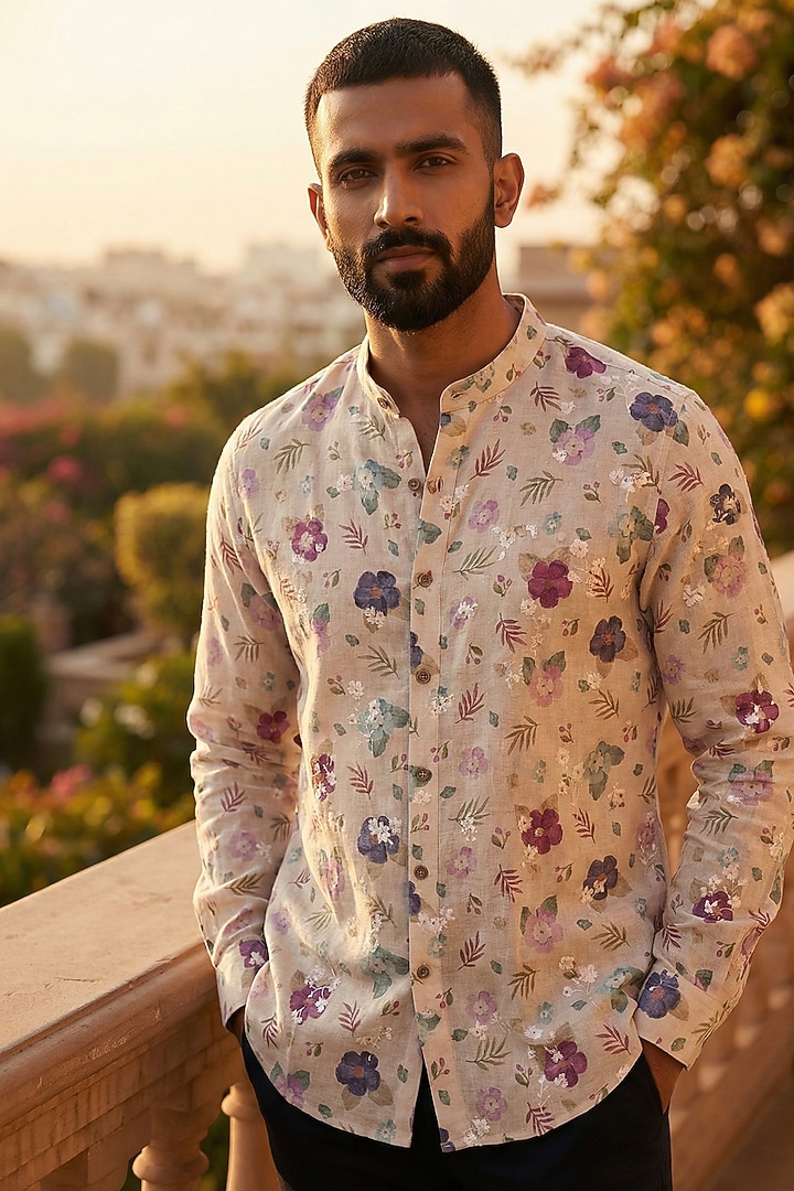 Beige Linen Party Wear Shirt by SAMMOHAN at Pernia's Pop Up Shop