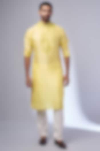 Yellow Pure Silk Embroidered Handcrafted Kurta by SAMMOHAN at Pernia's Pop Up Shop