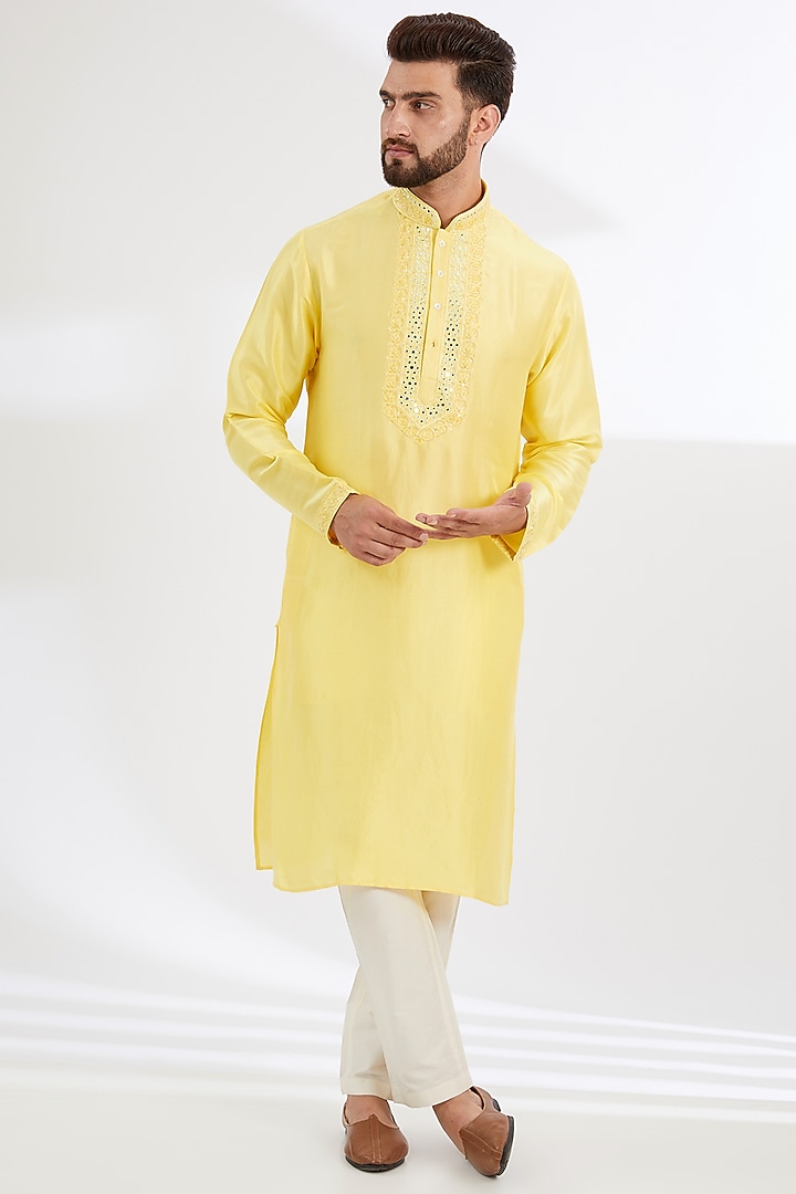 Yellow Pure Chanderi Machine Embroidered Kurta by SAMMOHAN at Pernia's Pop Up Shop