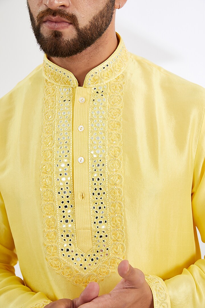 Yellow Pure Chanderi Machine Embroidered Kurta by SAMMOHAN at Pernia's Pop Up Shop