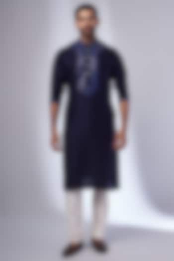 Navy Blue Pure Silk Embroidered Handcrafted Kurta by SAMMOHAN at Pernia's Pop Up Shop