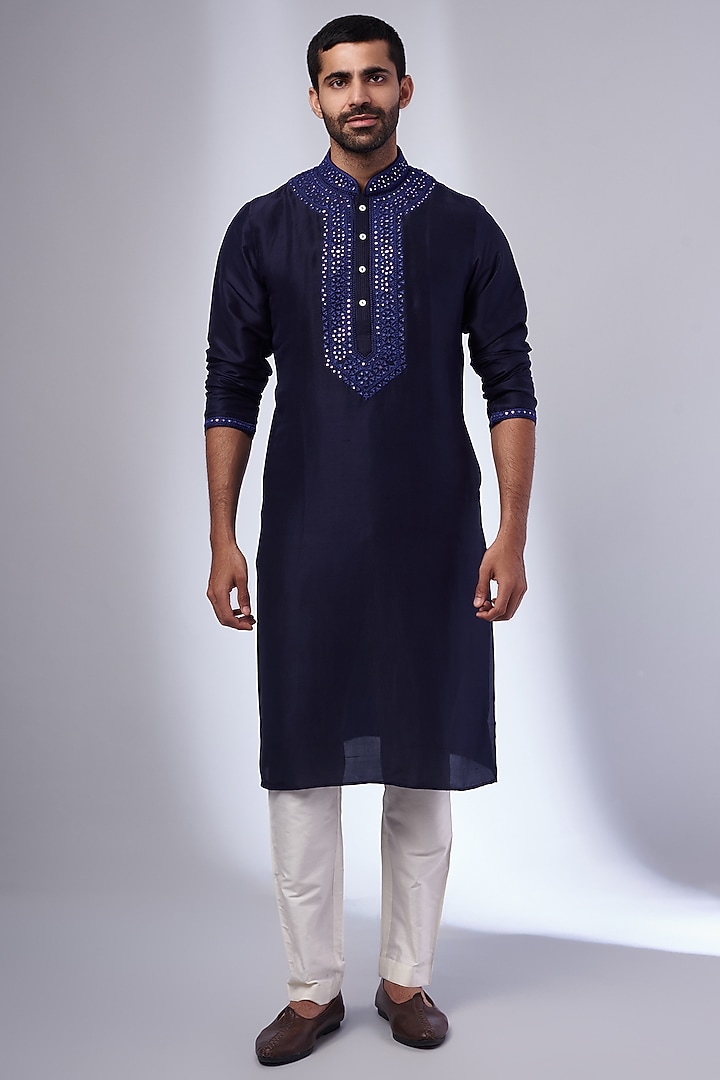 Navy Blue Pure Silk Embroidered Handcrafted Kurta by SAMMOHAN at Pernia's Pop Up Shop