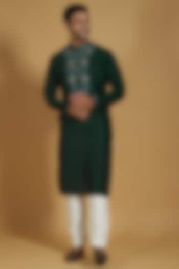 Emerald Green Pure Silk Kashmiri Embroidered Kurta by SAMMOHAN at Pernia's Pop Up Shop